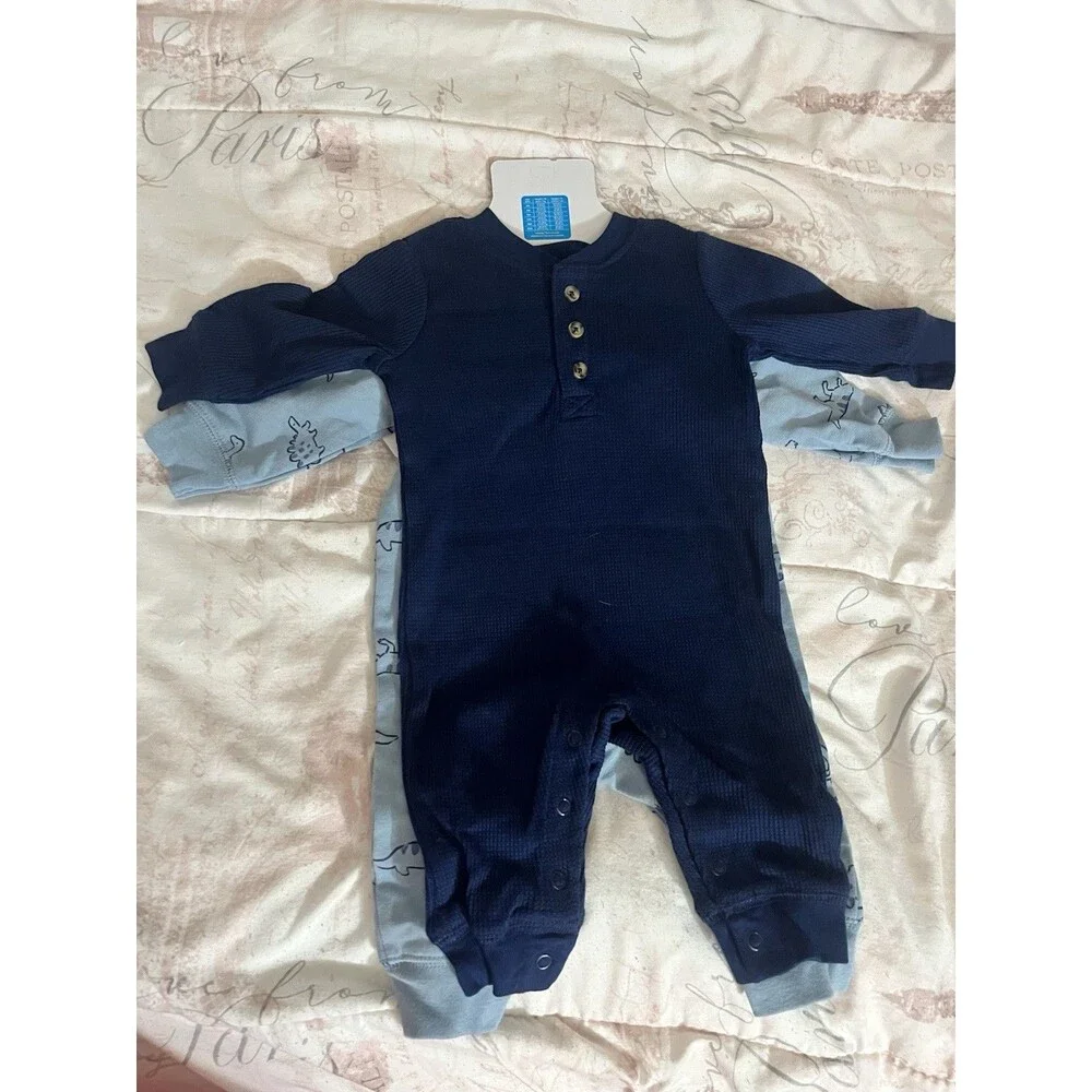 Carter’s 2 Piece Long Sleeve Jumpsuits Size 3 Month 1 Solid Blue & 1 Dino Print